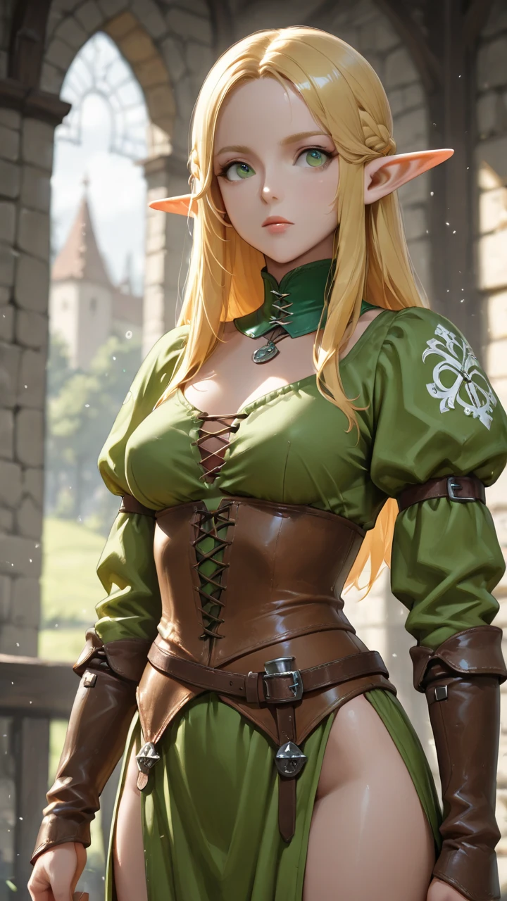 1girl in, elf, Blonde hair, Deep Blue Eyes, Long hair, Bangs cover the forehead, Braids, Soft and shiny hair, Green Ribbon, Floral hair ornament, Calmness, intelligence, kind, Gentle, obstinacy, prideful, Elven Costume, The costume is green and brown、It is made of animal fur and feathers, Clothing that is light and durable, Short sleeves, Short skirt, leather armor, cleavage, Leather shoes, the bow, forest, Middle Age, Fantasy,