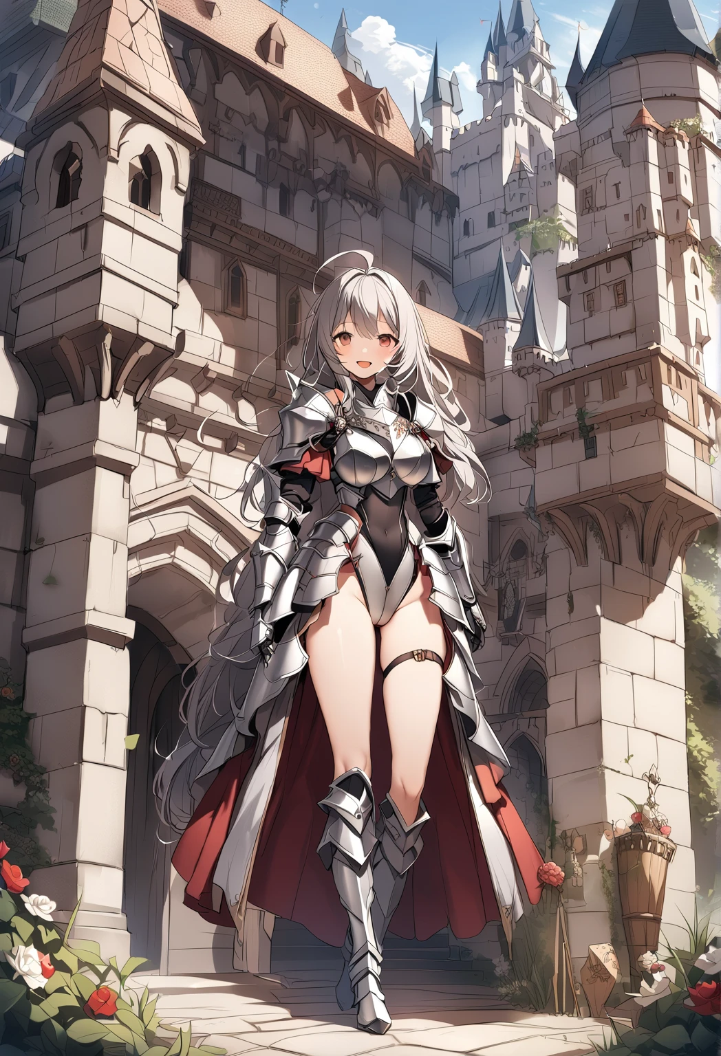Woman knight、a beauty girl、huge tit、Excellent style、Nice Buddy、glamorous、leotard、s Armor、Bra chest armor、knee boots、gauntlets、hair adornments、silber hair、Longhaire、Ahoge、a medieval castle、is standing、full body seen、Outside the castle、natta、a smile、slightly open mouth