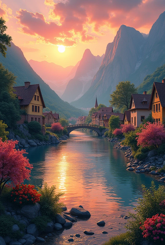 A small town by the river, mountains in the background, colorful floral flowers, detailed landscape, beautiful natural landscapes, atmospheric lighting, scorching sunset, warm colors, practical, photographic, detailed foliage, complex buildings, cobblestone street, charming country house, vibrant colors, lush vegetation, reflections in the water,  picturesque, idyllic, artwork, best quality, 8K, colors, anime style