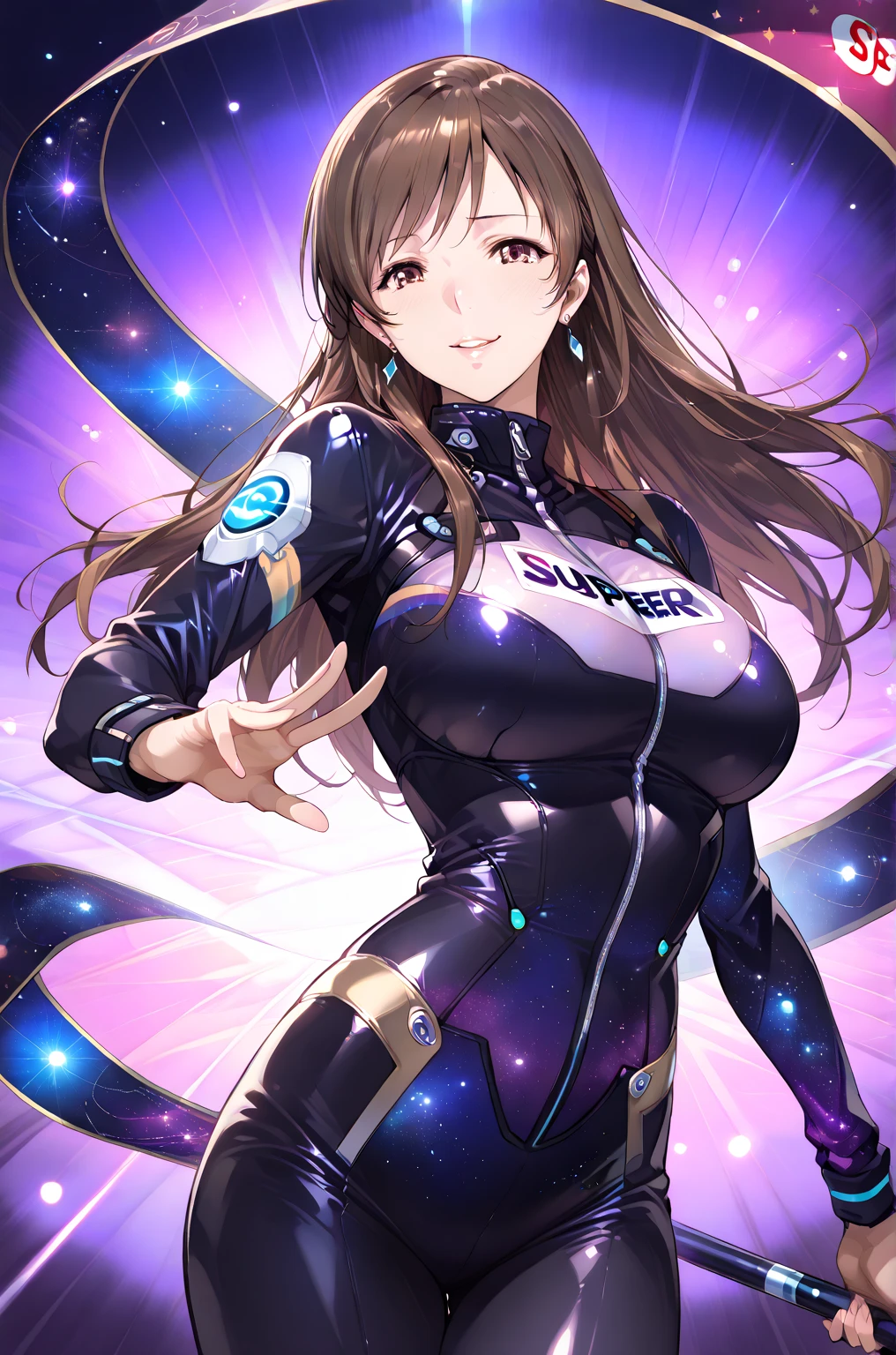 draw the face carefully　Anime style high quality face　super shiny skin　black and purple leotard with red trim　Pink pantyhose　succubus　lure　smile　Rear view