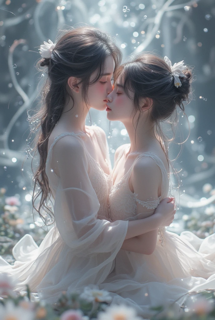 White Background、Professional Lighting、(((Professional Lighting 1.5)))、Translucent skin texture、Beautiful Skin、Beautiful Skin、、Off the shoulder、White Dress、See-through、fluttering feathers、Ecstasy of Musical Notes、((Kiss pose))、Face close-up