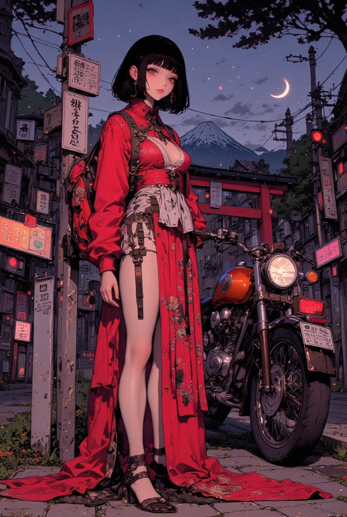 nsfw, A girl wearing a vermilion and white micro bikini is on a street corner in a Japanese suburb,,sexy woman,nsfw, completely nude, nipples through,(((highlight cleavage))),sleeveless, are slightly open on the chest,The chest is wrapped in a cloth,Age: 19,There is a glittering mountain in the back and the torii gate is illuminated,Girl looking diagonally to the side,Uber Eats（Uber Eats) Expressing a Backpack   ,  Depicting a Motorcycle Delivery Man   ,   the light on the bike bed is clearly visible on the night of the crescent moon,, she is facing sideways ,Fantasy pop art of a dreaming girl  ,  VERY BIG BACKPACK, Little character pop art , Move at night ,ハイパー  details イラスト , 病気にかかったような可愛い detailsな彩色画 , エクストラファインインクの details  ,  luxury fabric sitting on a gothic throne   ,   details ,    full color illustration   , wonderful painting atmosphere ,たくさんの details,  超 detailsな色彩アート , かわいい detailsなアートワーク  ,   anime style,  anatomically accurate , Japanese cityscape from the 2000s, clothes are transparent,body line enhancement,The length of the kimono is knee-length,((トップスはsleeveless)),absolute region with to,A seductive smile,short bob、spreads her legs,Mr.々posing,temptation,absolute region with to,(Overflowing Breasts),clothes are see-through,Resplendent urban buildings,Flying Ghost,skin exposure,Mr.々What kind of system,Mr.々expressions,Adding movement,Captivating,Inspiring Outfits,大胆posing,Mr.々 hairstyle,pussy line,cameltoe,skindantation,facing the front,
