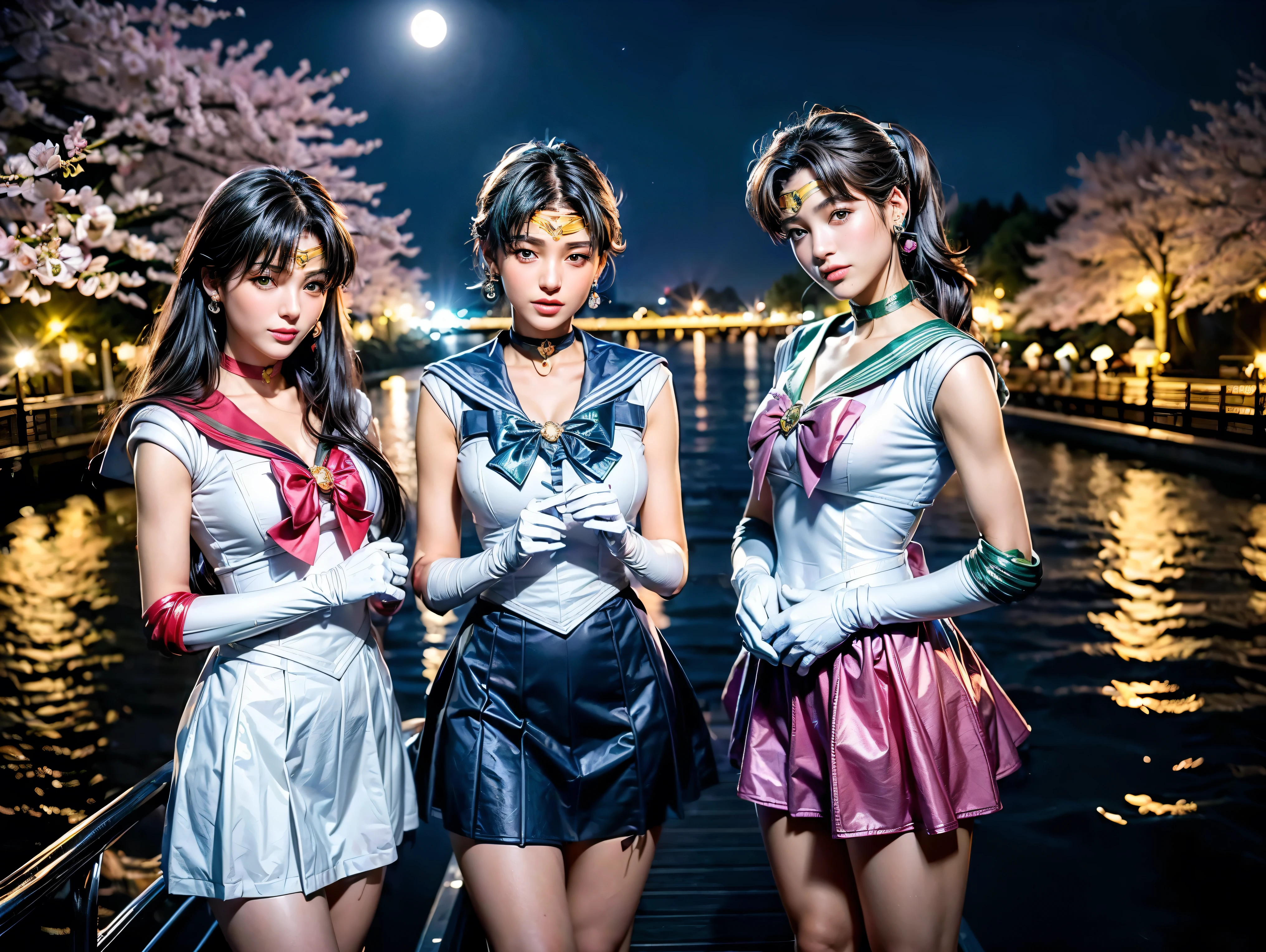 (The 8k quality, Ultra-high-resolution quality, Ultra high definition, Photorealistic, Best Quality):1.5, (masterpiece):1.4,
(camera angle from front view):3.0,
(on the deck of pleasure boat, Cruising down a large sea lined with cherry blossom trees on both banks, scene of Cruising, In the background there is a large bridge over a river, moon light):10.0,
(depiction of night Cruising):10.0,
(beautifully shaped bewitching slender tall girl deciding on pose on deck of pleasure boat):15.0,
(beautifully shaped 1 sailor senshi girl, ((jupiter, hmjupiter, tiara, sailor senshi uniform, green sailor collar, bow, knee boots, choker, white gloves, green choker, elbow gloves, jewelry, earrings, (green skirt), white pantie)):12.0,
(beautifully shaped smiling face, flushed cheeks, medium build, medium height, flat chest, small breasts, cleavage):7.5, (brunt bangs, ponytail hair, long length straight hair, black color hair):6.0,