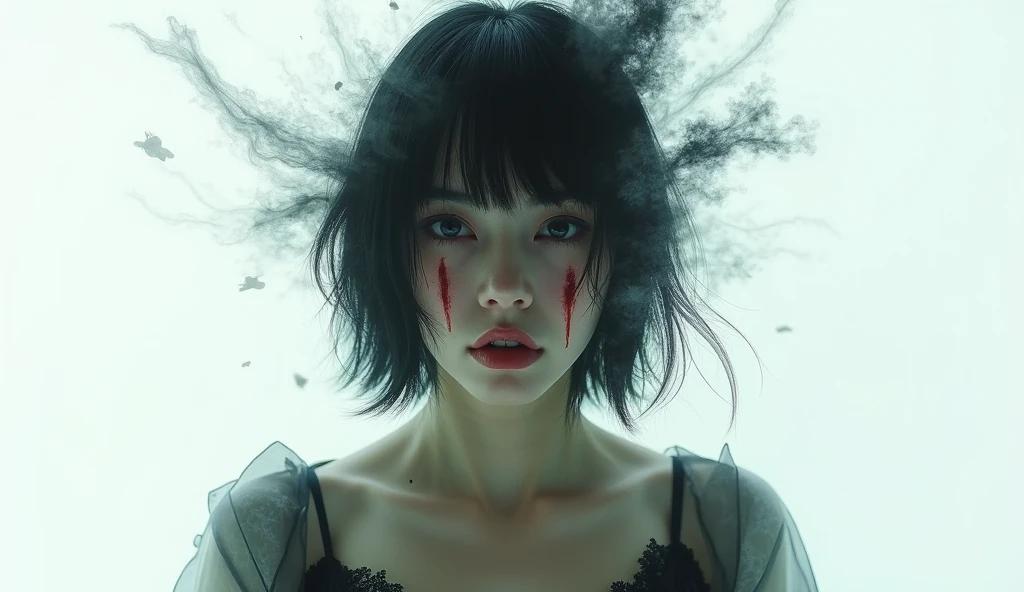 One beautiful Japanese woman , standing in a mysterious double exposure world of white backgrounds and dark graphic overlays mixed with liquid ink drawing ink effects, sitting, creepy bloody special effects and a twist of reverse rendering featuring a cinematic video game art style and enhanced with cinematic UHD quality, full view, ripped and tattered, scratches, bites, masterpieces, super sharp, bite scars, detailed lace garter stockings, strong gazing,