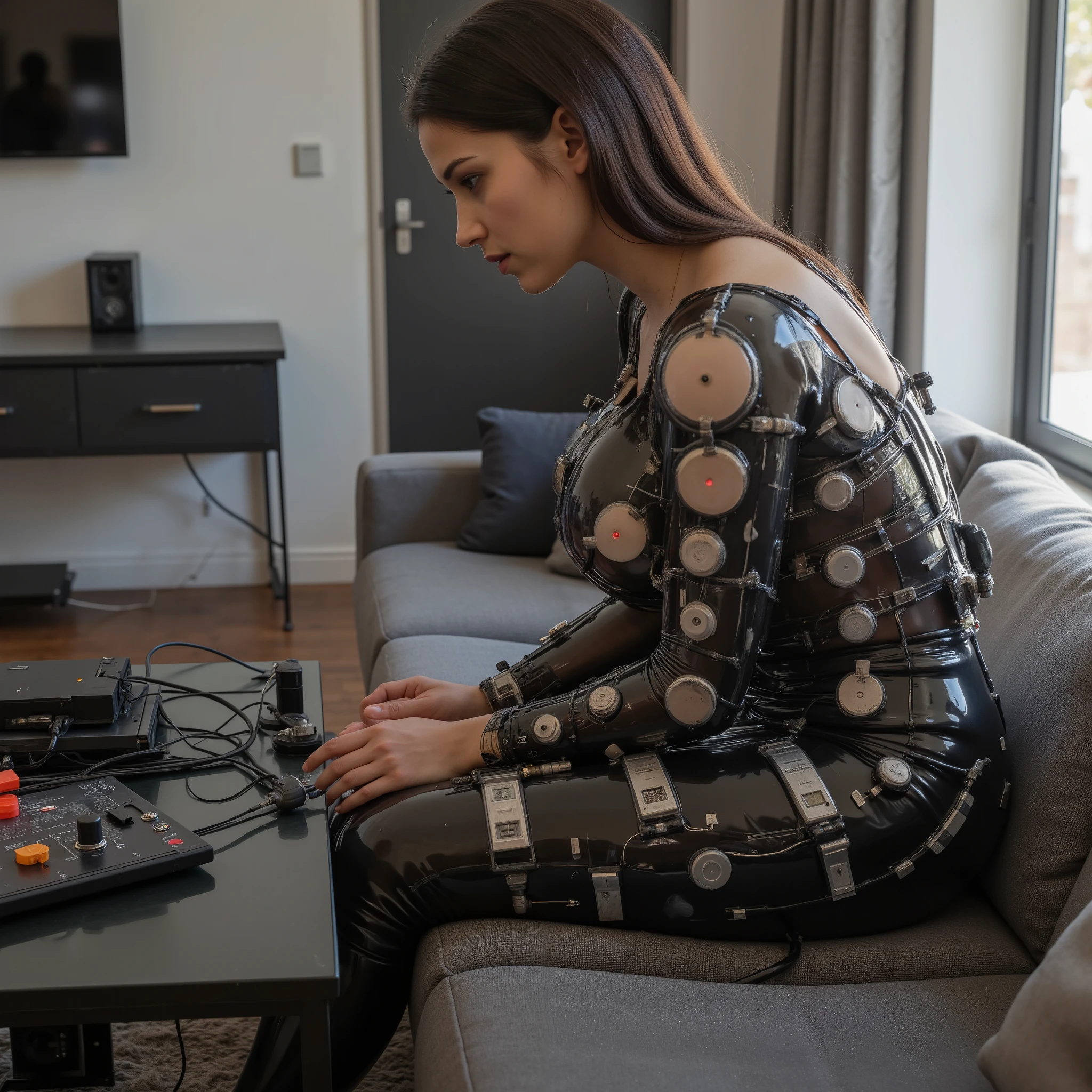 Masterpiece electro-bdsm photo, photorealistic view of slim young (((fullbreasted))) peruvian girl sitting on a grey couch in a modern livingroom, looking amazed down on a ((medical electrostimulation device with some keys, regulators and controllers)) that is lying on a table directly in front of her. ((((((She is wearing a body-fitting closed transparent black latexsuit, that is covered by countless huge round vacuum pads and countless huge round plastic electrodes with small controllights. Each vacuum pad is connected to a hose, each electrode is connected to a thick electric cable)))))). ((((All cables and hoses are running to the device on the table)))), tight waist, (((((huge round breasts covered by transparent latex and huge round electrodes with many cables))))). There is a TV and a sideboard in background, sunlight shining from side. (((hyper detailed))), ultra sharp focus, 32k, uhd