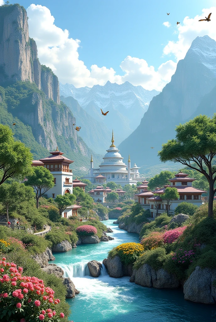 Create a realistic, clear, high-quality photo of a gorgeous city,  surrounded by mountains . in the foreground is a gorgeous garden with a fast mountain stream, unusual trees and flowers, with beautiful butterflies. Farther away, single-story houses with triangular multi-colored roofs. A gorgeous white-stone ancient temple, all white . 