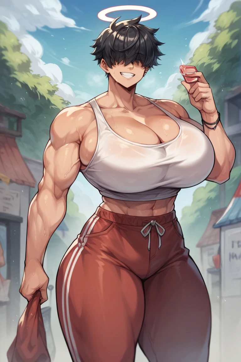 1girl, upper body, abs, small breasts, open breasts, shaved head, skirt, ????? smile, ?????, industrial environment, masterpiece, big thighs, nsfw