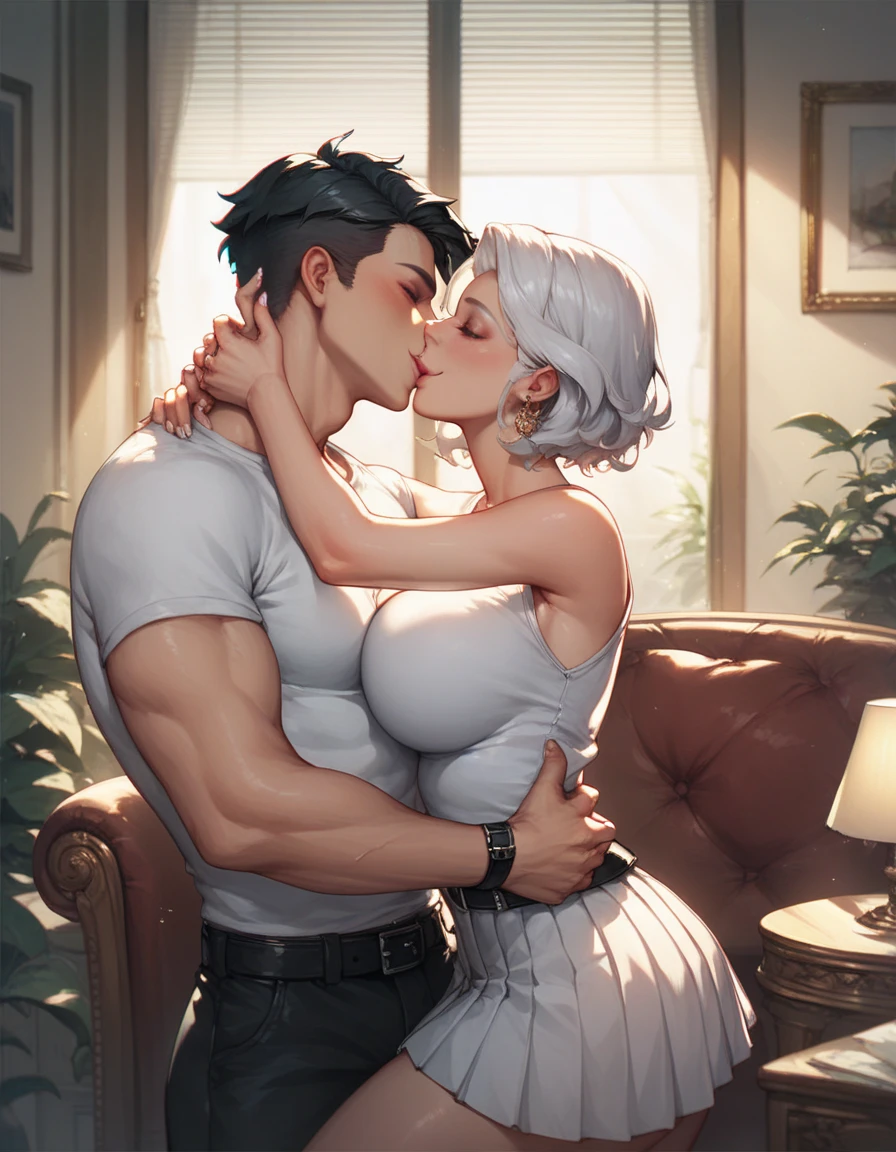 1 girl, pixie cut, white hair, purple eyes, Japanese, big breast, bra, kissing, 1 boy, tall, well built, black t shirt, black pants, wolf cut, black hair, red eyes, making out