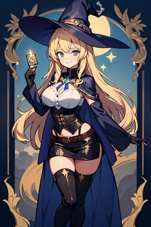 high-level image quality、top-quality、Beautuful Women、1 persons、ssmile、embarassed expression、pony tail hair、swim wears、knee high、Halloween Party、Halloween Cosplay、cinematlic lighting、Beautiful and perfect legs, Clean and perfect hands、Lots of jack-o'-lanterns,large full breasts, ((1 Beautiful Witch)), ((Blonde hair, long wavy hair with bangs,,,,,,,,,,,,,,,,,)) (((1 witch, Soio))) )) ((sixteen years old)) blue eyes, Have a very sexy body, Narrow waist, And a very sexy body,(thighs thighs thighs thighs:1.45)、(large full breasts:1.4)、(barechested:1.1)
