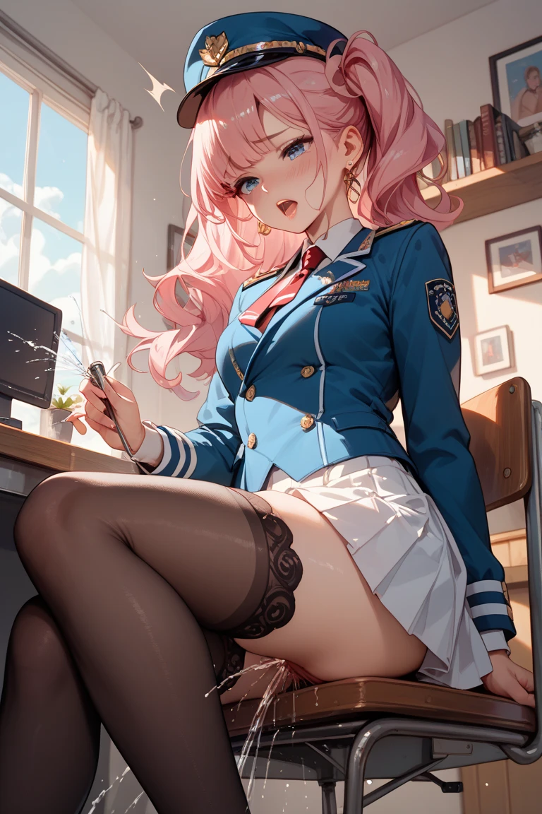 Lara Deviluke, Lara Deviluke, Long Hair, Pink Hair, tail, Ahoge, bangs, hair ornaments, (Green Eyes:1.5), smile,blush,Open your mouth,demon tail,Police hat with black rimmed glasses,Sexy police uniform,Black pencil skirt, black pantyhose,Stiletto heels,sitting cross-legged on a chair,There is a computer on the table,interior,whole bodyがイラストに入るように,
break outdoors, office
break looking at viewer,whole body,
break (masterpiece:1.2), Highest quality, High resolution, unity 8k w全てpaper, (shape:0.8), (beautiful detailed eyes:1.6), extremely detailed face, Perfect lighting, extremely detailed CG, (Perfect hands, Perfect Anatomy),