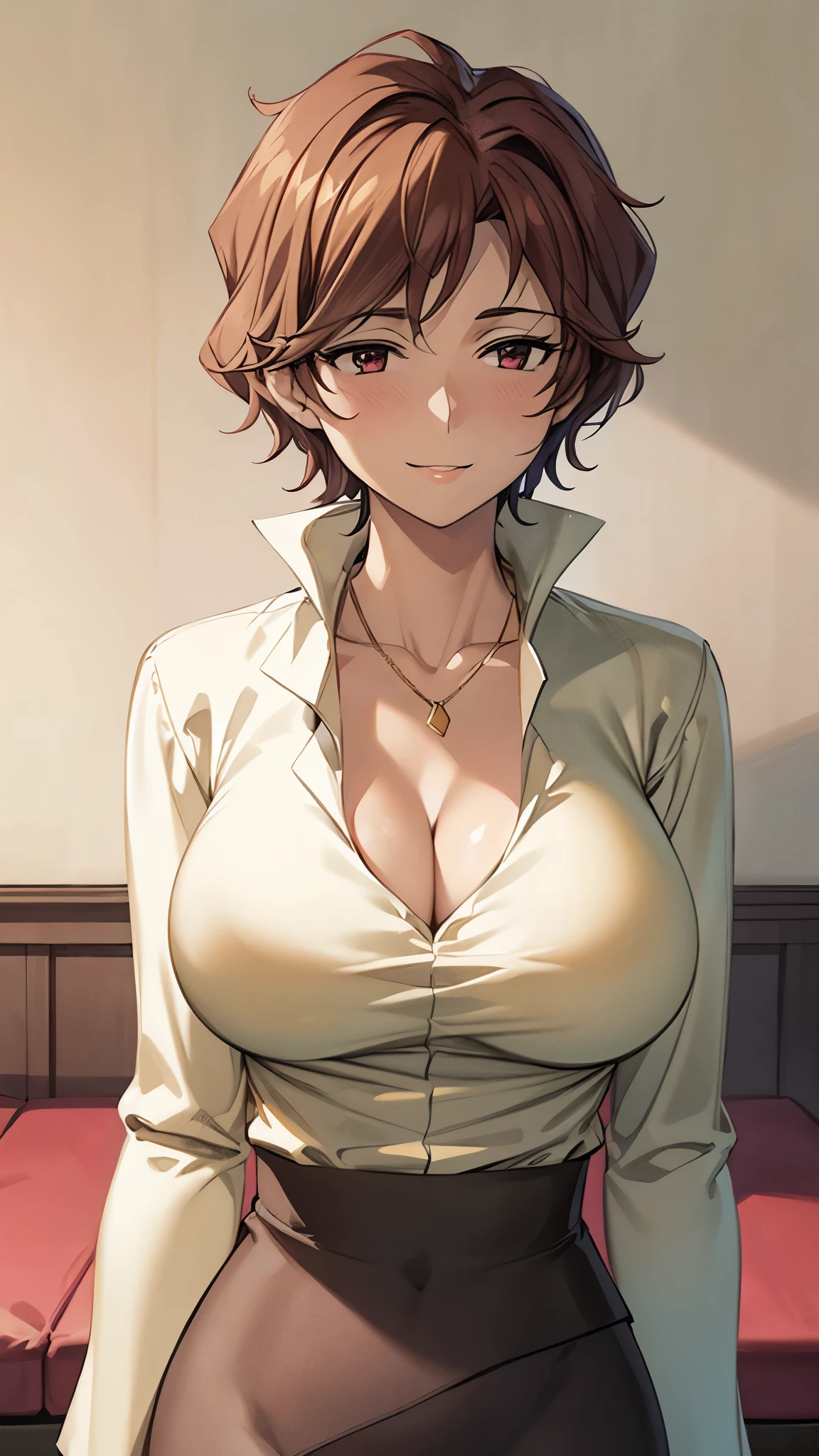 （（super high quality,））（（Ultra-high resolution,））（16K,）（super masterpiece,）（（Ultra HD ,））（Detailed shading,）View from the ceiling,One sexy woman,Brown short hair bouncing out,popped Tight collar Yellow shirts,Unbutton your shirt down to your chest,Long sleeve,Cleavage,Black tight skirt,Crescent-shaped earrings,Crescent Necklace,Ecstatic smile,blush,Sweaty,Lying in bed,Put one hand on your head,Place one hand between your legs,