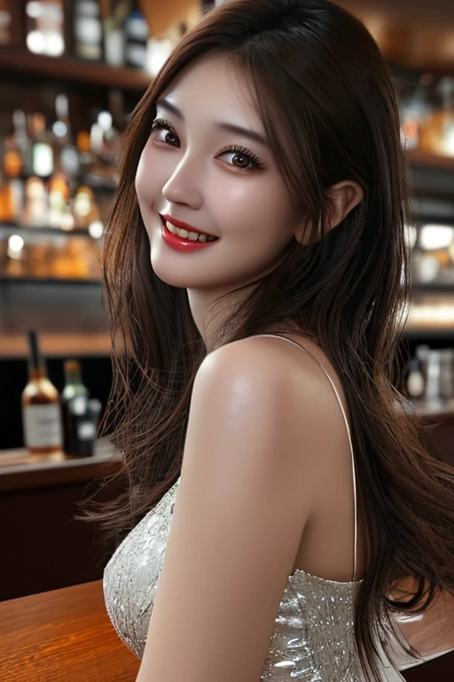(Ultra-realistic), (figure), (High resolution), (8k), (Very detailed), (Best figure), (Beautiful and detailed), (highest quality), (Super detailed), (masterpiece), (wallpaper), (Detailed face), alone, One Girl, whole body, Spectators Gazing, Beautiful eyes and mouth, Detailed face, bar counter, In the Dark, Modest, Pure Erotic Face Ace_v1, smile, Long Hair, Dark blonde hair, bangs, Off-the-shoulder oversized clothing, Sitting in a chair, Beautiful Teeth, Blushing, A captivated look,
