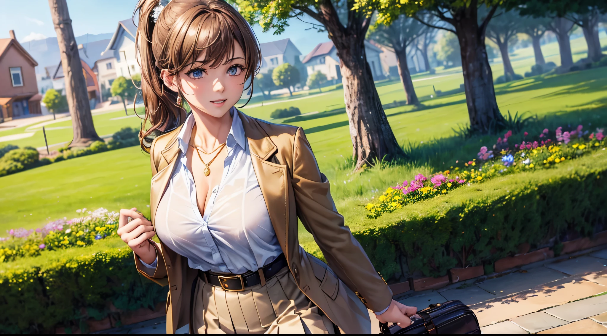 1girl, solo, ((mature girl)), spring, trees, house, fantasy landscape, flowers, butterfly, light brown hair, ponytail, ((large full breasts)), blue eyes, ((brown gold blazer)), ((white dress shirt)), ((unbuttoned shirt)), ((unbuttoning shirt)), ((black skirt)), grin, belt, shoulder bag, hair band, looking at the viewer, standing, walking, brown shoes, necklace, perfect quality, clear focus (clutter-home: 0.8), (masterpiece: 1.2) (Bokeh) (Best quality) (Detailed skin: 1.3) (Intricate details) (8K) (Detail eyes) (Sharp focus)