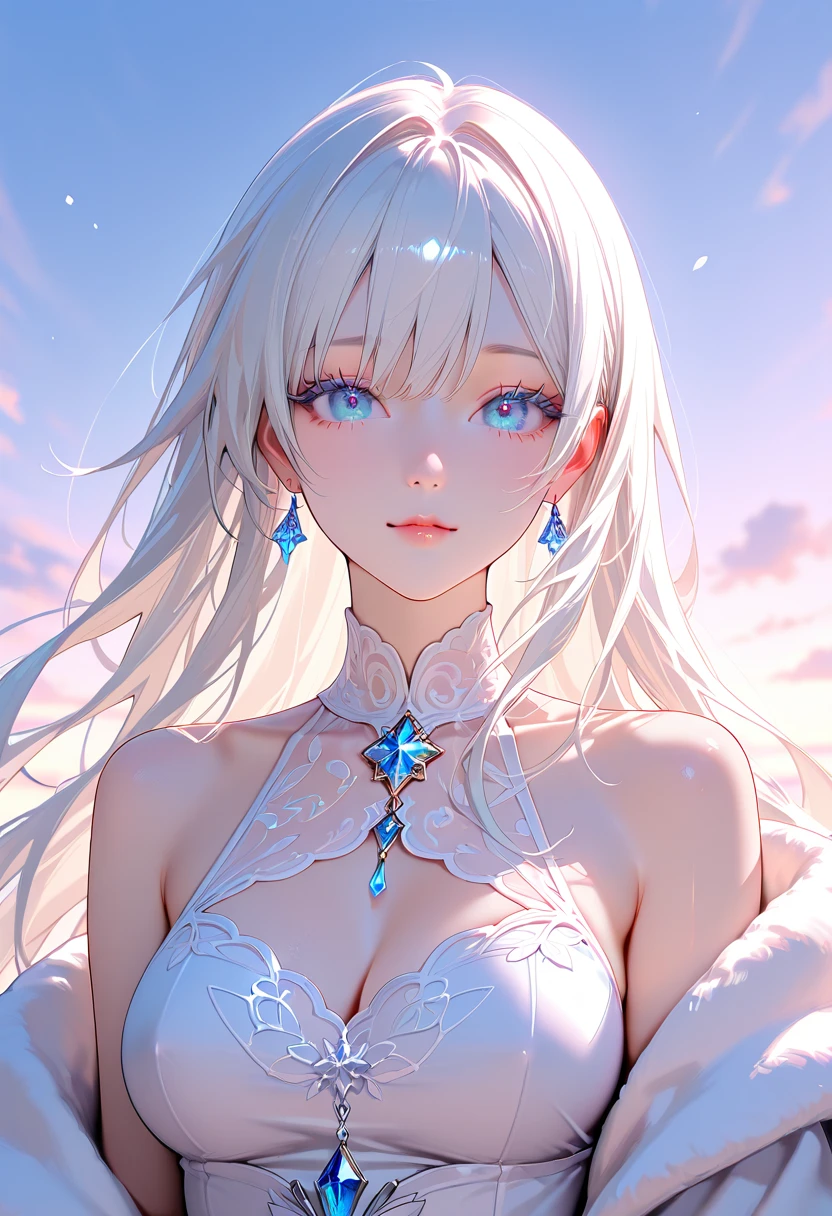 masterpiece, best quality, number, Alexandrite eyes and hair, Platinum earrings, Platinum necklace, Feather white dress, , Lovely, (Dynamic Lighting:1.2), light, Beautiful, Beautiful eyes, Sharp pupils, Realistic students, Boundary depth written, Bokeh, Clear focus, (Very detailed, bloom, shine:1.4), Many little gems, Large target
