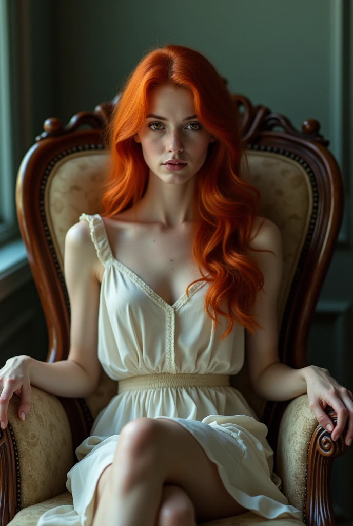 beautiful young girl,4k,ultra detailed,tattoo,smoke,expressive beautiful,younger,tattoo,wearing fantasy white dress, wearing fantasy white high heels,sitting on the throne,crossed legs,sexy,make-up,red hair,matte lipstick,eyelinear,amazing,cute beautiful