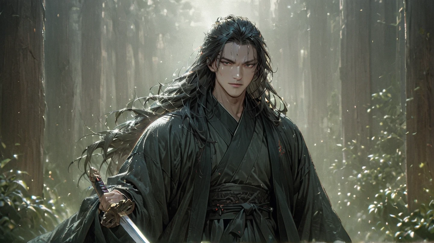 A warrior，long way hair，Hanfu，Robe，Sword，Handsome face shape，Lifelike：1.2