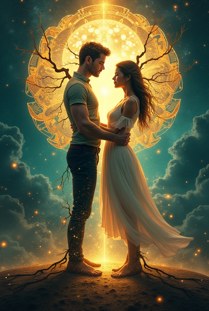 Draw In a rectangle with a yin and yang background shimmering with energy that descends from the cosmic to the earth and an illustration of a man and a woman from the front dressed up, standing connected by thin roots descending from the cosmic to the head and wearing a yin and yang pendant with roots coming out of the feet, descending into the earth with the energy that comes out of the feet, descending into the earth with the energy that comes out of the feet and the energy that comes out of the head, adds on their stomachs a yin and yang and around the colors Scintillating gold. And turquoise and some sacred geometry