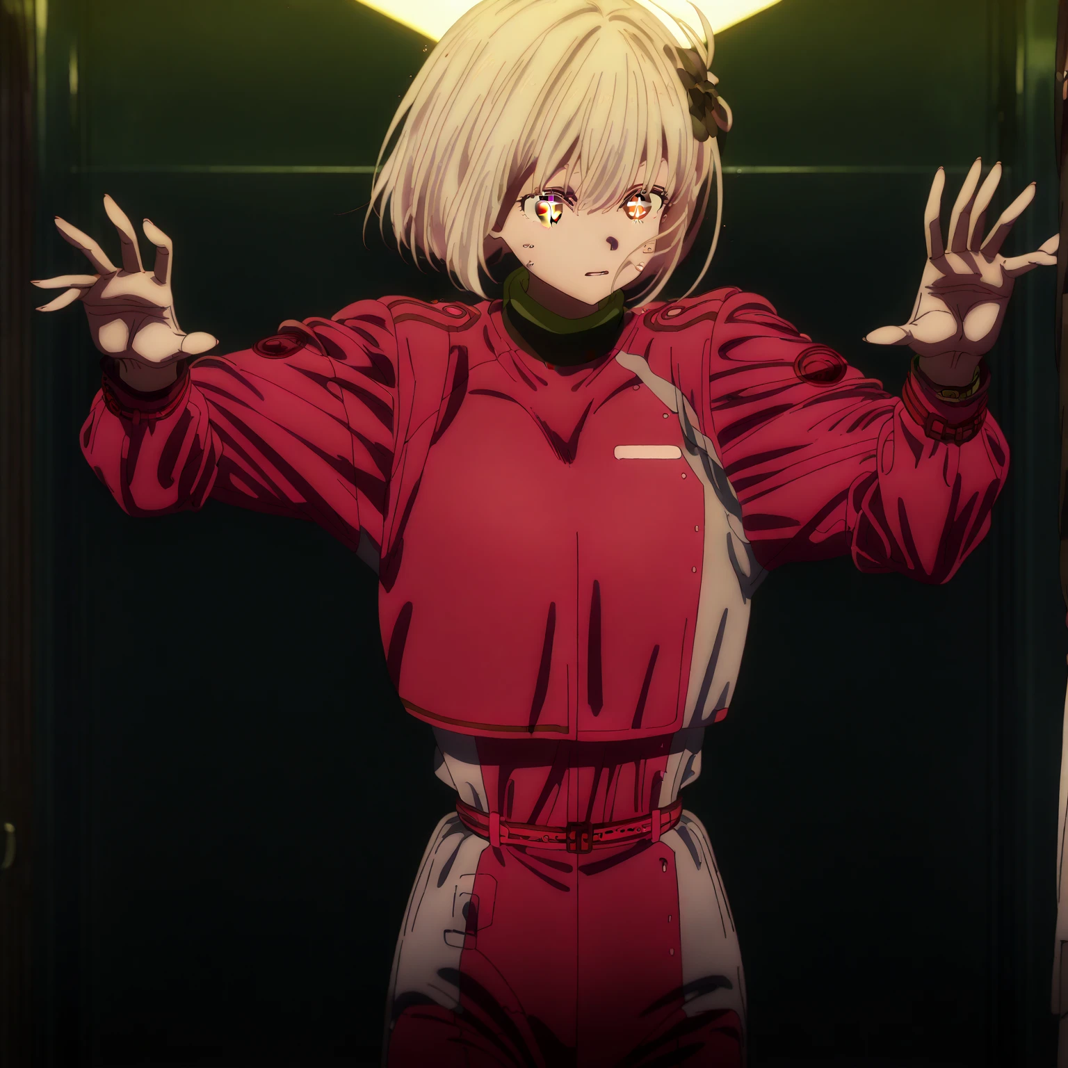 "A solo shot featuring 1girl, solo, short hair, blonde hair, red eyes, mask, red coat, coat, belt, red pants, high heel boots a DJ, showcasing her skills on the turntables at a vibrant rave."