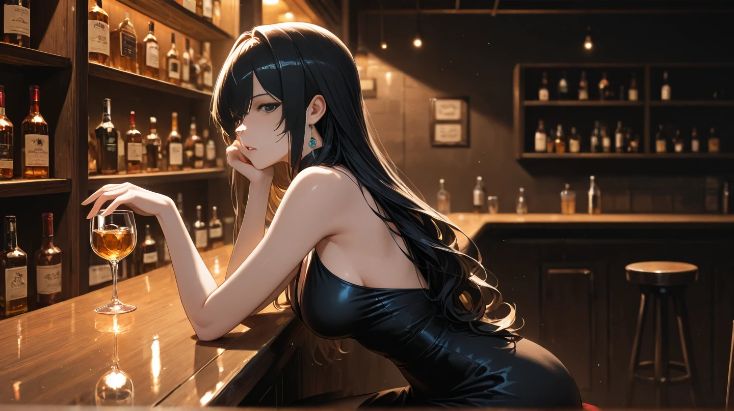 High resolution, high quality, 1 girl, anime girl, dark blue hair,ponytail,long hair,dull bangs, dark blue eyes,closed one eye,clenched teeth,[[pale skin]],Glossy skin, big breasts,beautiful breasts,(big ass),beautiful butt,pink high leg water wear,sitting,arm behind head,(lemon juice),(orange juice),(mango juice),(water),at the cafe,