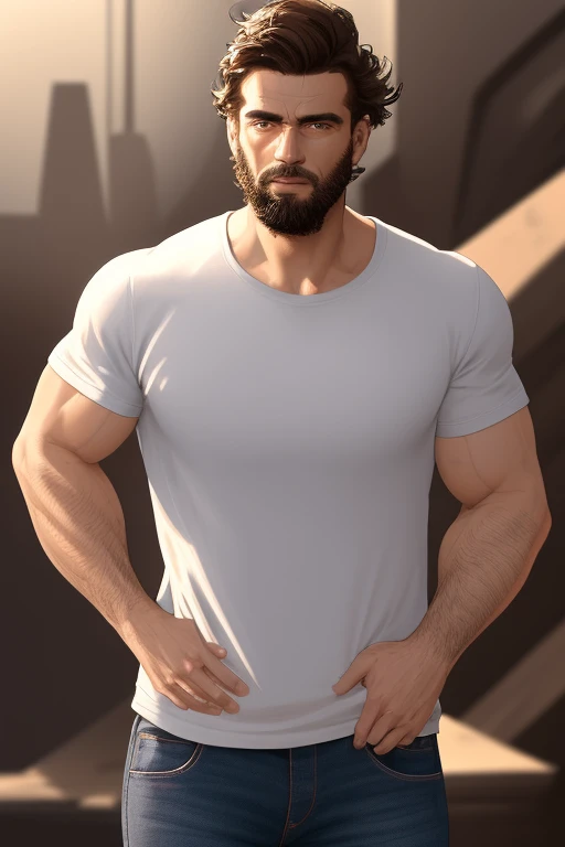 a young man with a bulge in his shorts, French settler, shirtless, bara, digital painting, masterpiece, realistic, detailed face, full body shot, 4k