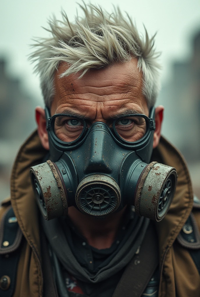 A striking and eerie portrait of Eminem, the legendary rapper, artist, and songwriter. In this surreal representation, he is adorned with a golden-redish gas mask, which contrasts starkly against his pale and gaunt face. His eyes, obscured by the gas mask's lenses, seem to peer out from beneath a furrowed brow. The gas mask hangs loosely around his neck, revealing his prominent Adam's apple and a small silver chain dangling between his collarbones., cinematic shot, dynamic lighting, 75mm, Technicolor, Panavision, cinemascope, sharp focus, fine details, 8k, HDR, realism, realistic, key visual, film still, superb cinematic color grading, depth of field, natural beauty