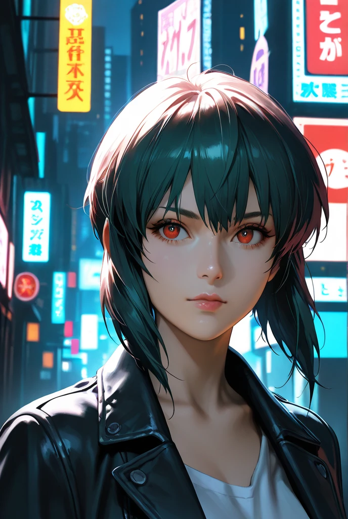 masterpiece, Top Quality, lively, so beautiful, high contrast, Realistic Portraits,beautiful detailed face,detailed texture,detailed skin from sleeve to chest,newest, 1 girl,Ghost in the Shell,sauce_Ghost in the Shell, Motoko Kusanagi,shirt,room,real lighting,Neon City,Put up with building signs, stress in the department,Win and Run