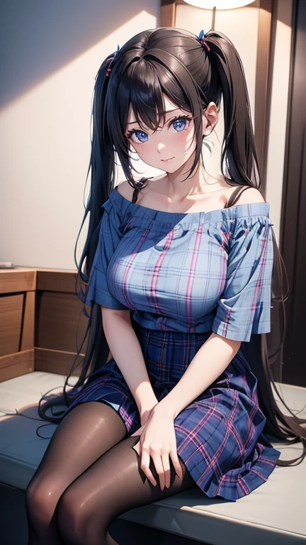 cute dark purple hair, fiery idol pose,, ribbon in her hair, 18 year old female, H cup, twin tails, perfect symmetrical cat eyes, Marovi、clear shining blue eyes, white skin, silky ,pale pink nipples, that'protruding、pleats (shirt) mini dress (Pastel iridescent colors, and polka dots),Pose crouching and looking up、mirror floor、My underwear is reflected in the floor mirror、extends to sexual activity、Indulge in masturbation、Smile even though you are shy、Induce sexual activity、Slut、Exhibitionist、shift underwear