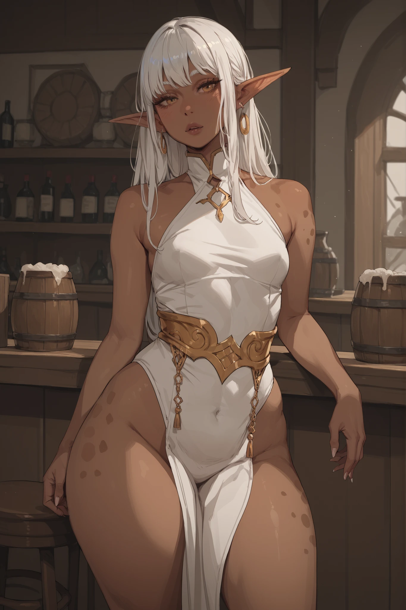 1 girl, long white hair, bangs, long elf ears, dark skin, voluptuous, small breasts, thick thighs, body spots, white gold leotard, pelvic curtain, tavern
