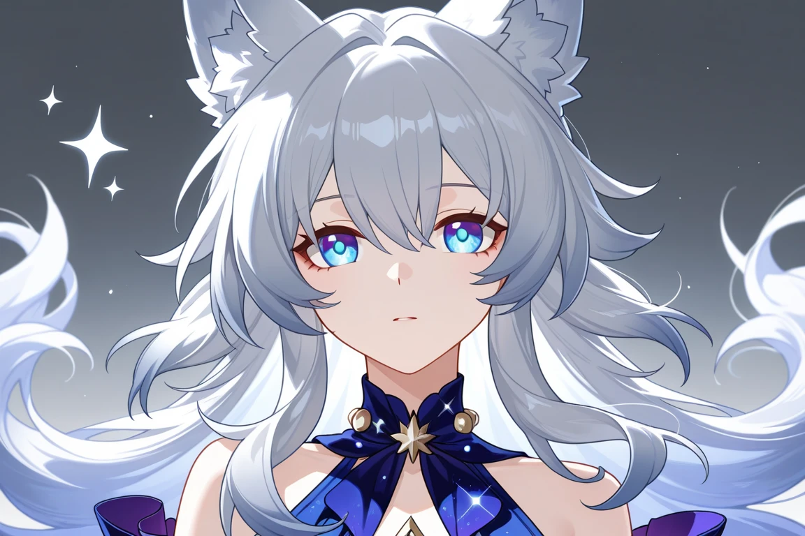 (masterpiece, best quality:1.2)((silver white hair))((violet eyes)),1girl,((eyes tilted outwards)), ((standing_fox_ears)),((fluffy_fox_tail)), milf,averting_eyes,basic_blue_hairpin,bob_hair,short_hair, (medium breasts), girly_vtuber_outfit. reference image