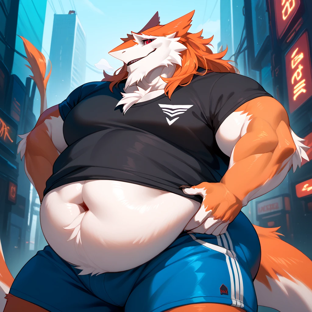 4k ultra quality, 4k full body view,ultra high detailed body,feral fox, white belly fur,big belly, (round belly), hyper belly, enormous belly, enormous body,by mystikfox61, by glitter trap boy, by bebebebebe,by morethreedee, by seibear,(thick thigh),(chubby thigh),thicc thigh,thick legs,chubby legs,thicc legs,enomorous thigh,massive thigh,massive legs,(detailed thigh),(wide thigh),thick butt,fluffy belly,furry belly,sharp nails,(((sfw))),(detailed face),detailed eyes,golden eyes,(shiny fur),big tail,fluffy tail,(detailed tail),enomorous tail,bigger tail,huge tail,bloated feral belly,enomorous thigh,fluffy paws,detailed paws,thick paws,chubby paws,golden bracelet,tight shirt with buttons
,in a city,(macro belly),hyper balls,huge penis,detailed bulge,tight shorts,kneeling