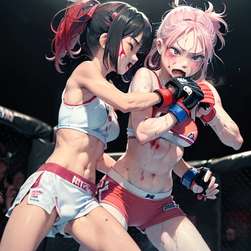 punch, punch, punch. two bloody beautiful Japanese high school student girl fighters are looking at each eyes. life or death struggle. survival battle. dynamic exciting action in the octagon. whole body picture. they are beating each other so hard. their punches to each other's faces. they are covered in scars and bruises. they are damaged terribry. Short-cut black hair, out of breath, drooling from mouth, one eye closed, exhausted, drenched in sweat. Erect nipples. open finger glove. sports-bra, high-leg panty. Stockings. armwarmers. Whittled waistline, small breasts