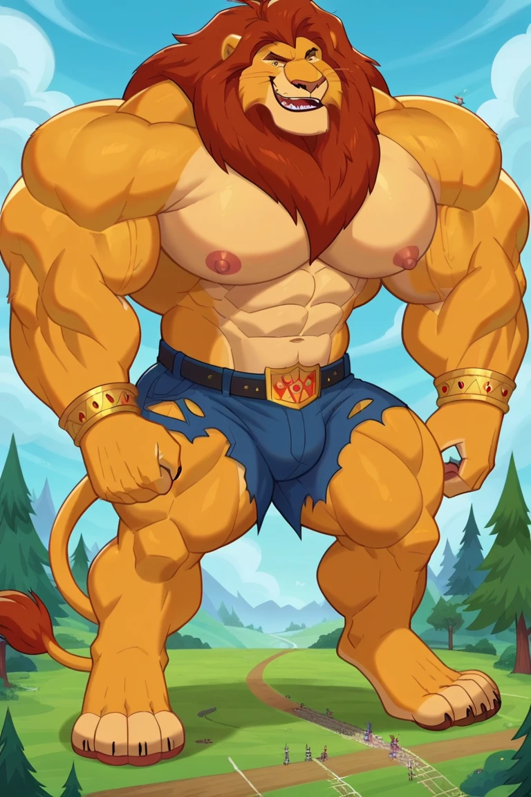 tom(socially awkward),a furry lion,alone,naked male,red mane,bottomless,penis,erection,masculine,muscular,illustration,ultra-detailed,sharp focus,cartoony,short-medium length hair,bangs,younger guy,brown eyes,outdoor,socially awkward(VN game),oil-painting