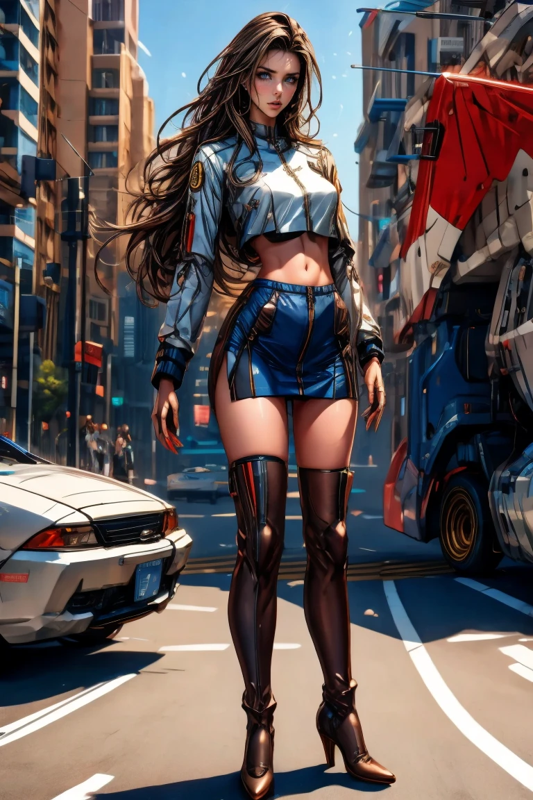 A full-body, ultra-detailed semi-realistic digital painting of a mature Croatian woman in her early 40s, with a tall, toned, elegant figure that radiates confidence and modern allure. Her proportions follow a 10-heads-tall fashion model silhouette, with a modestly full bust, narrow waist, long legs, and athletic posture. She stands with composed poise, one hip tilted, exuding refined strength. Her skin is light beige with a golden undertone. Her facial features are intensely sharp—extremely high cheekbones, a long, narrow aquiline nose, and a pronounced, angular V-line jaw that sharply tapers to a defined point. Her eyes are deep-set and narrow, stretched slightly upward with slanted outer corners, fox-like in shape. Her brows are arched and strong, enhancing her piercing gaze. Her expression is cool and composed, bordering on severe. Her lips are medium-thin with a pointed Cupid’s bow, colored in matte mauve. Her makeup is sculpted and strategic: metallic taupe eyeshadow sharply winged at the outer edge, smoked lower lashline, light contouring across jaw and nose bridge. She wears a minimalist race queen outfit: a fitted zip-up crop top in navy with silver panels and structural lines that follow her body. Her ultra-short asymmetrical skirt has clean navy-silver contrast with sponsor accents. Navy thigh-high boots with silver zippers and matching fingerless gloves complete the look. Her chestnut brown hair is sleek, straight, and waist-length, center-parted and flowing cleanly down her back without bangs or accessories. She stands at a modern racing venue with sunlit urban architecture and cool, directional shadows that sharpen her striking form. Masterpiece, best quality, semi-realistic, 8K resolution, cinematic lighting, hyperrealistic portrait, finely detailed.