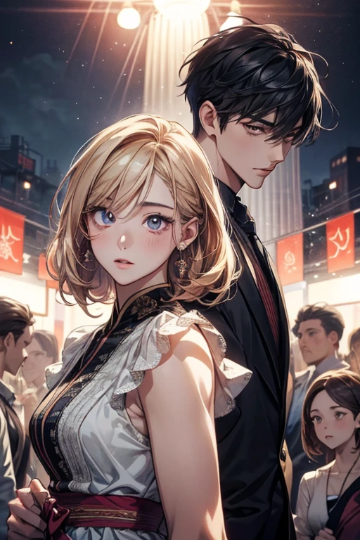 masterpiece, amazing picture, anime couple boy and girl, handsome and beautiful face, cool style, looking at the audience, festival background, (eye detail), (face detail), (body detail), (background detail), (make 8k picture),