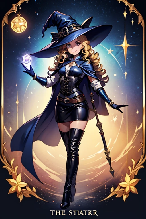 masterpiece, best quality, 1girl, solo, hat, blonde-hair, drill-hair, gloves, breasts, blue-eyes, witch-hat, thigh-boots, thighhighs, boots, elbow-gloves, open-mouth, staff, purple-headwear, smile, dress, full-body, simple-background, cleavage, large-breasts, looking-at-viewer, purple-dress, very-long-hair, purple-gloves, holding, purple-footwear, wand standing-on-one-leg, twin-drills, holding-staff, witch, black-footwear, puffy-sleeves
