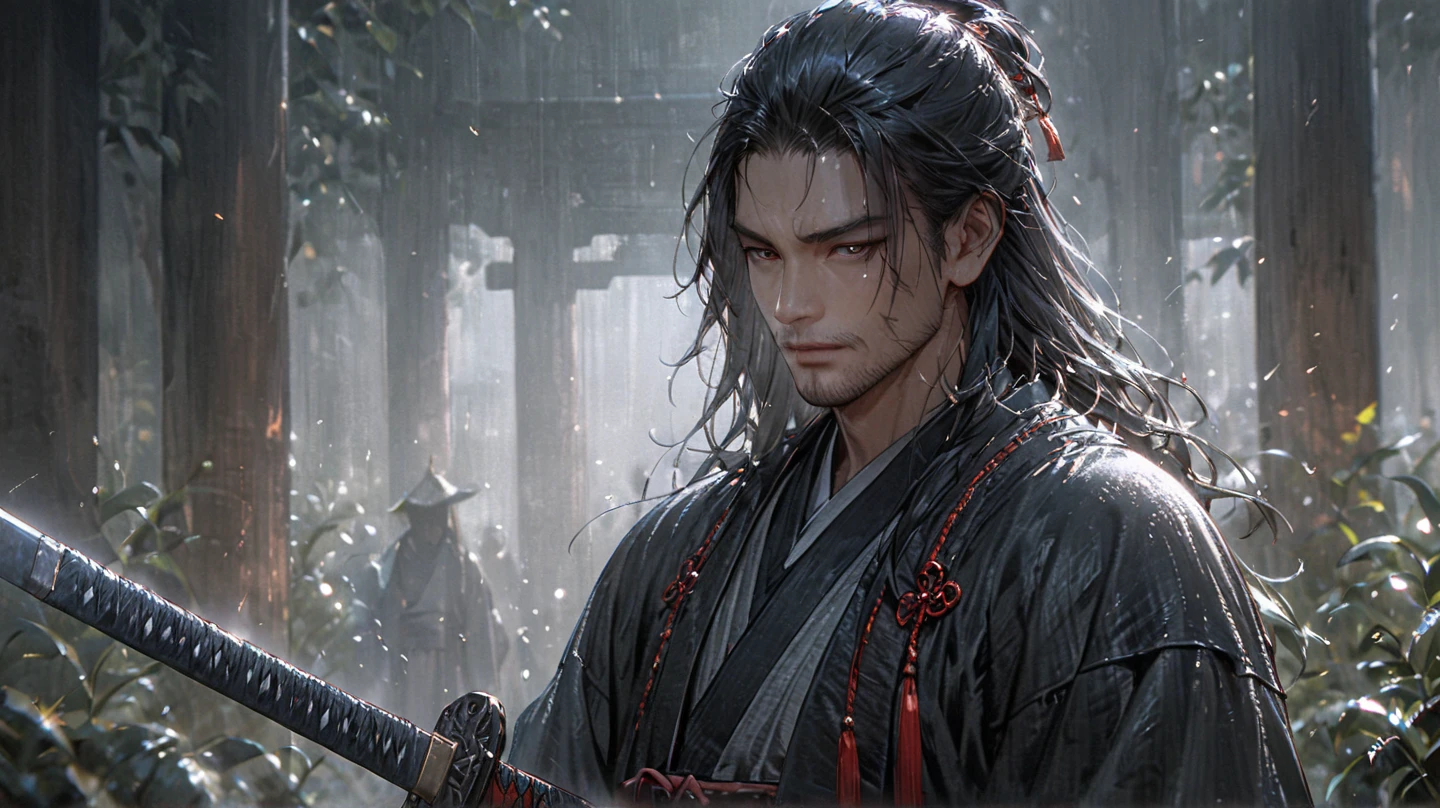 A warrior，long way hair，Hanfu，Robe，Sword，Handsome face shape，Lifelike：1.2