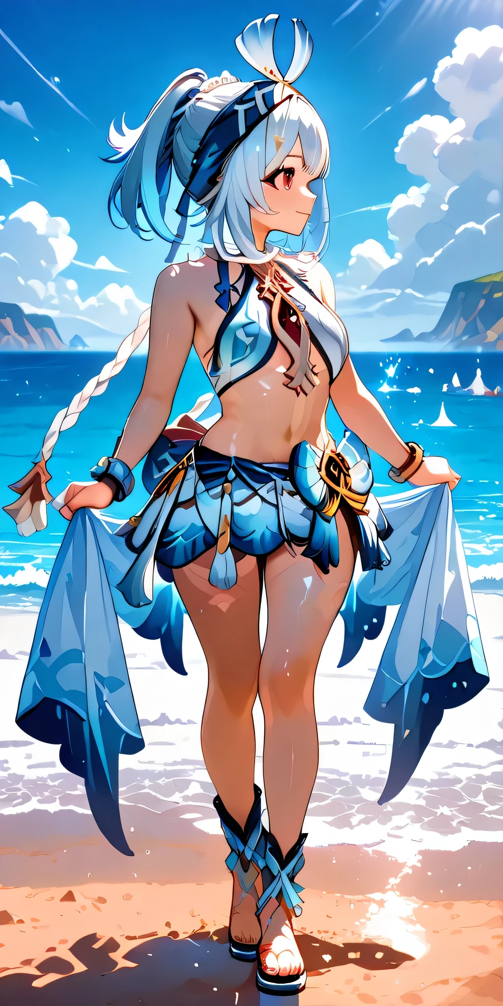 masterpiece, detailed, defined, Mualani of genshin impact, full body, on the beach, Facing the sea, stop, stop Facing the sea, que se vea su full body, slightly in profile, full body, realistic skin, shiny leather foam towel, by day, rostro defined, rostro detailed, tender face, cheerful face, ojos defineds, slightly red eyes, ojos detaileds, original clothes, realistic texture, white hair, cabello largo, ponytail, twin braids, bikini, white skirt, blue, ojos detaileds, manos libres, banda blue, pretty eyes, looking ahead, front face , Face looking forward.