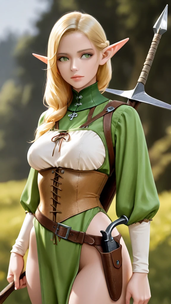 (best quality,4k,8k,highres,masterpiece:1.2),ultra-detailed, female ranger, short blond hair, spear, white shirt, green leather vest, green trousers, brown boots, A-cup, in the woods, AIKA, seethru, HDR, 8k, absurdres, cinestill 800, sharp focus, add_detail:2, (solo, woman)
