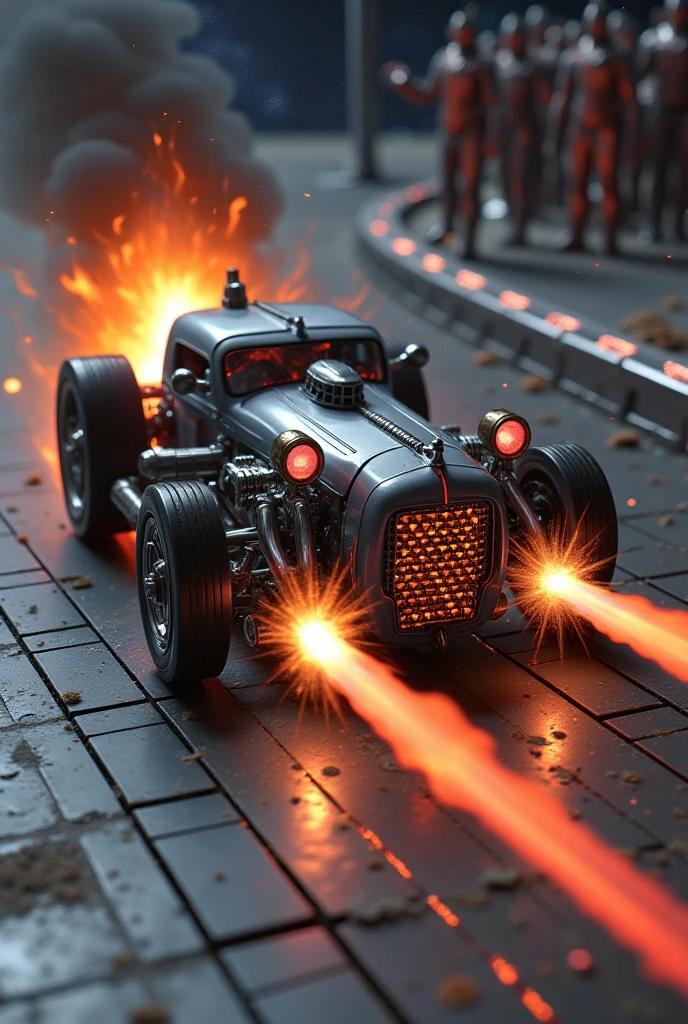 a deteailed scene of a hot rod race on a ruler.  It's a dynamic camera MACRO LENS.   in the background s are staring at the race below on the ruler