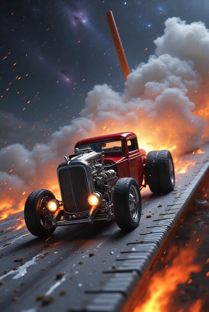 a deteailed scene of a hot rod race on a ruler.  It's a dynamic camera MACRO LENS.   in the background s are staring at the race below on the ruler