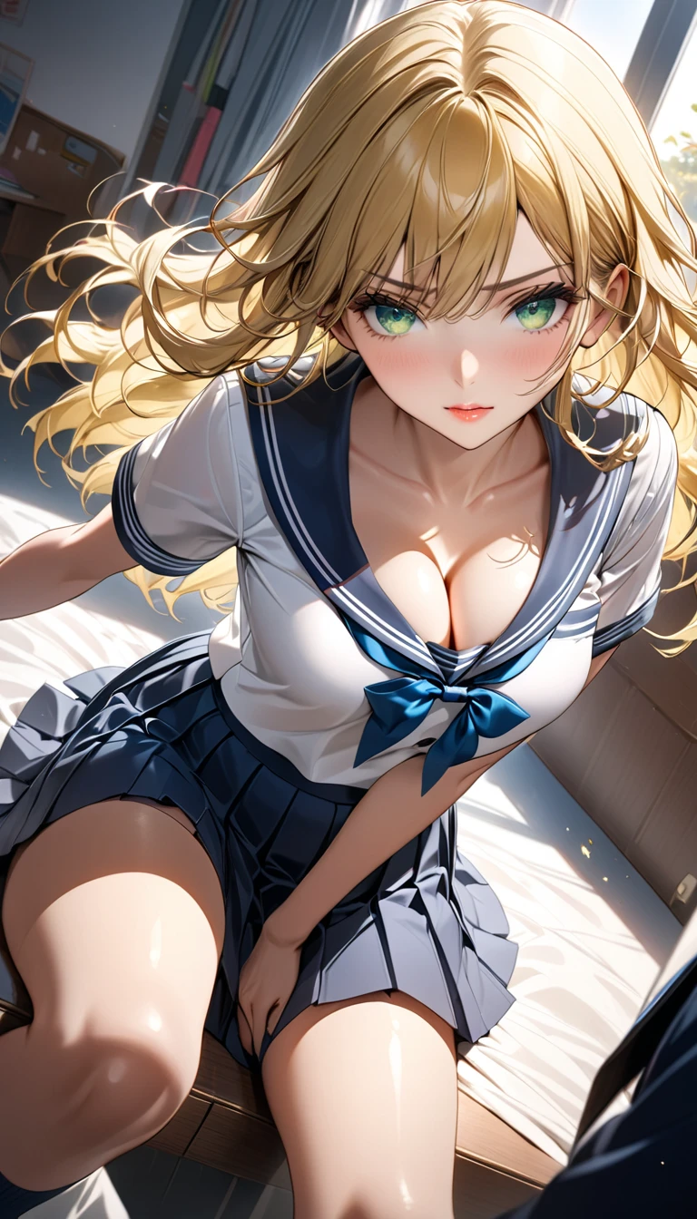 ((medium  breasts、15 year old girl、Small head))、((15))sunrays、sunrays、(perfect body:1.1)、(young、、、、、、、、、、、、、、、、、、、)、(short wavy hair:1.2)、blond hair、、、、、、、、、、、、、、、、、、A full body shot、(girl wearing school uniform:1.4、Pleated Skirt、button up shirt)、((Student uniforms))、((((black stockings))))、((knee highs))、(extremely detailed CG 8k wallpaper)、(Extremely Delicate and Beautiful)、(MASTERPIECE)、(maximum quality:1.0)、(Super High Resolution:1.0)、Beautiful Lighting、perfect lightning、realistic shadows、 [HI-RES]、Skin details、Super Detailed、(spread leg))、(With legs up)、slim body)Stooping、large earring、thights、(Beautiful long hair)、、fine collarbone、soft navel、Soft midriff、Soft back、angle from above、Sweaty、Beautiful Breasts、huge tit、Blush、photorealistic、realistic faces、Realistic Eyes、small eyes、Grinning(colourful)))(Breast cleavage)))、(freckle)、(eye liner)、(mascara)、((thick white liquid on the body))、((Very sweaty)) ((Body wet)) ((wet thighs))、 ((spread thighs))、(((thick white liquid dripping from the body)))、((hands on thighs))