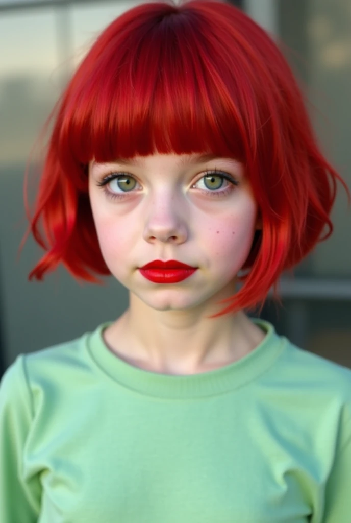 Medium height girl, Red hair, wears high boots with white laces and a black overalls over a white shirt. She has an artistic beret on her head, and bright green eyes. She holds a cigarette in her mouth. The bob on the head is just short hair without braids, etc..d thin black arrows on the eyes.