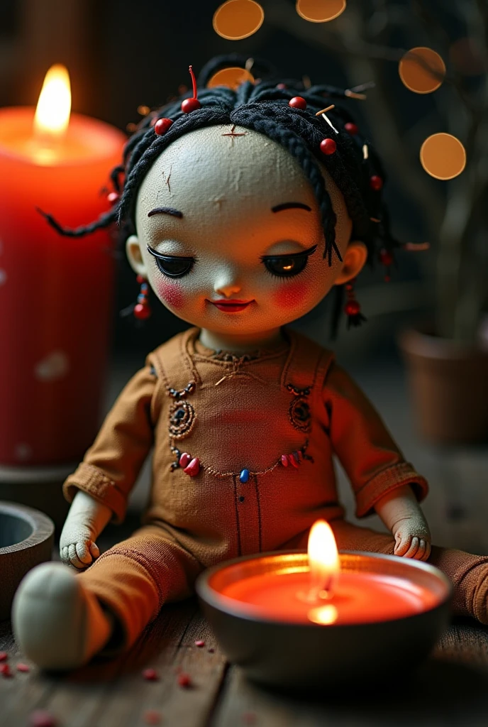 Realistic detailed photography An ancient thin cloth doll in antique and gothic clothes, in a dirty old wooden house, with several candles burning in the background
