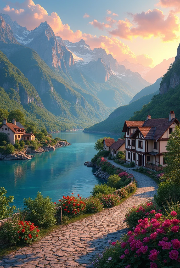 A small town by the river, mountains in the background, colorful floral flowers, detailed landscape, beautiful natural landscapes, atmospheric lighting, scorching sunset, warm colors, practical, photographic, detailed foliage, complex buildings, cobblestone street, charming country house, vibrant colors, lush vegetation, reflections in the water,  picturesque, idyllic, artwork, best quality, 8K, colors, anime style