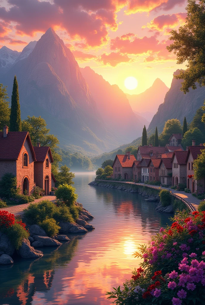 A small town by the river, mountains in the background, colorful floral flowers, detailed landscape, beautiful natural landscapes, atmospheric lighting, scorching sunset, warm colors, practical, photographic, detailed foliage, complex buildings, cobblestone street, charming country house, vibrant colors, lush vegetation, reflections in the water,  picturesque, idyllic, artwork, best quality, 8K, colors, anime style