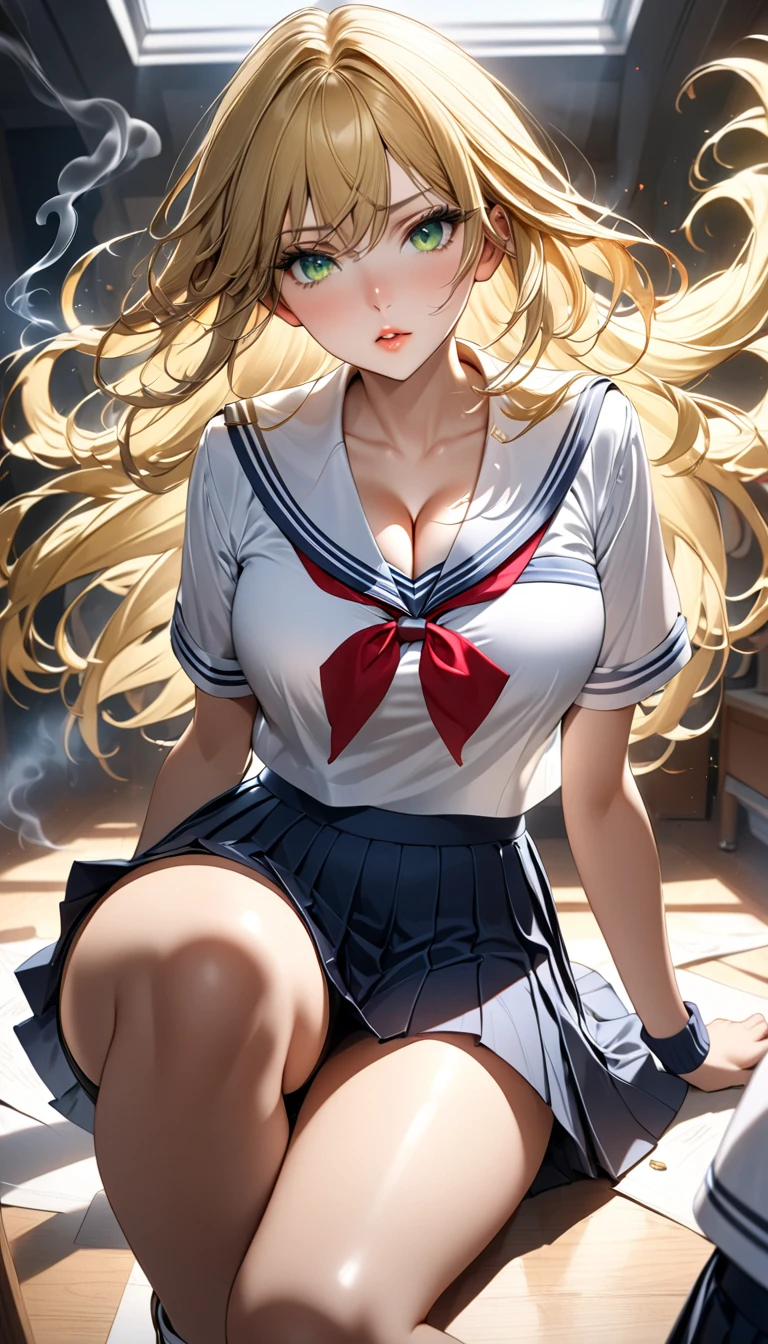 top-quality、realistic touch,high-detail、photoRealstic、Long body、captive beauty、big eye、huge tit、Strong platinum blonde eyelashes、platinum-blonde、Beautie、A sexy、full body Esbian、Sparkling eyes、Submissive smile、Flushed cheeks、Kamimei、thin-waist、Voluptuous thighs、Enraptured look、Raked bangs、The forehead is protruding、sleeveless、High school student in sailor suit、skirts that are too short、clothes with wide open sides