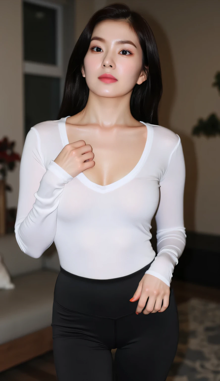 ((Highest quality, 8K, masterpiece :1.3)), whole body, Sharp focus :1.2, Beautiful woman with perfect figure :1.4, Slim Abs :1.2, ((Dark brown hair, Big Breasts :1.2)), Body Dress :1.1, (Night city view, Modern balcony :1.1), Highly detailed face and skin texture, Fine grain, double eyelid, Small Bust, OL Uniform, office Wear, White T-shirt, Exposed cleavage, (Black Pantyhose), (((No pants))), ((Glasses)), Indoor scene, office
