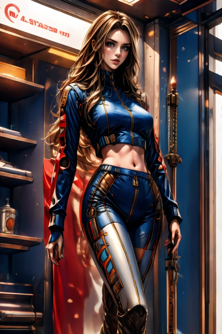 A full-body, ultra-detailed semi-realistic digital painting of a mature Croatian woman in her early 40s, with a tall, toned, elegant figure that radiates confidence and modern allure. Her proportions follow a 10-heads-tall fashion model silhouette, with a modestly full bust, narrow waist, long legs, and athletic posture. She stands with composed poise, one hip tilted, exuding refined strength. Her skin is light beige with a golden undertone. Her facial features are intensely sharp—extremely high cheekbones, a long, narrow aquiline nose, and a pronounced, angular V-line jaw that sharply tapers to a defined point. Her eyes are deep-set and narrow, stretched slightly upward with slanted outer corners, fox-like in shape. Her brows are arched and strong, enhancing her piercing gaze. Her expression is cool and composed, bordering on severe. Her lips are medium-thin with a pointed Cupid’s bow, colored in matte mauve. Her makeup is sculpted and strategic: metallic taupe eyeshadow sharply winged at the outer edge, smoked lower lashline, light contouring across jaw and nose bridge. She wears a minimalist race queen outfit: a fitted zip-up crop top in navy with silver panels and structural lines that follow her body. Her ultra-short asymmetrical skirt has clean navy-silver contrast with sponsor accents. Navy thigh-high boots with silver zippers and matching fingerless gloves complete the look. Her chestnut brown hair is sleek, straight, and waist-length, center-parted and flowing cleanly down her back without bangs or accessories. She stands at a modern racing venue with sunlit urban architecture and cool, directional shadows that sharpen her striking form. Masterpiece, best quality, semi-realistic, 8K resolution, cinematic lighting, hyperrealistic portrait, finely detailed.