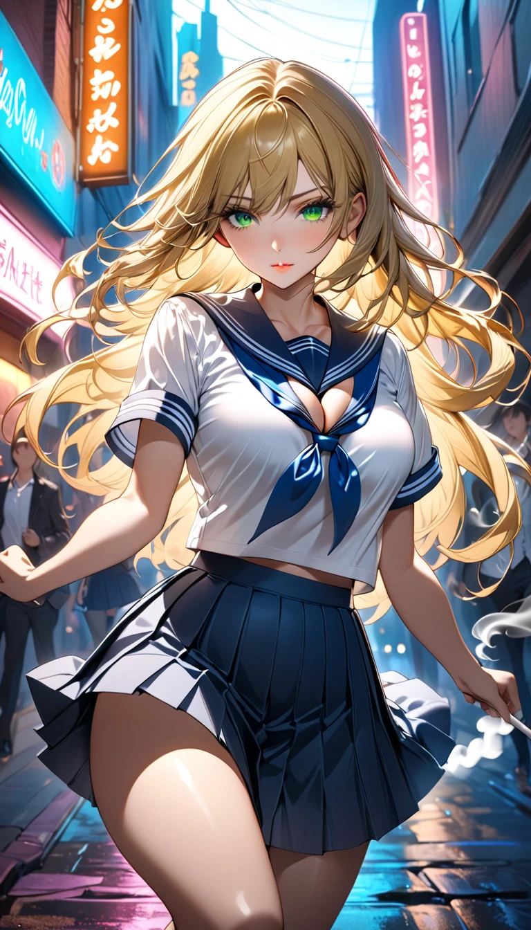 Browsing Caution,(Highest quality, 8k, masterpiece:1.3,beautiful girl),(Very detailed)Glowing Skin,(((Long Hair,blonde,Beautiful Hair))),(Perfect Anatomy, Anatomically correct, Very detailed肌),((Golden Eyes)),(((((Perfect Fingers))))),((Light blue collared shirt, Navy pleated mini skirt, socks, Navy tie, Light brown cardigan, White knee socks)),Pink Panties, Knee-high socks,Knee-high socks on both feet,Double teeth,Big Breasts,Big Ass,Side Angle, Focus Only,((bowling alley、Enjoy bowling)),Annoyed expression,dynamic