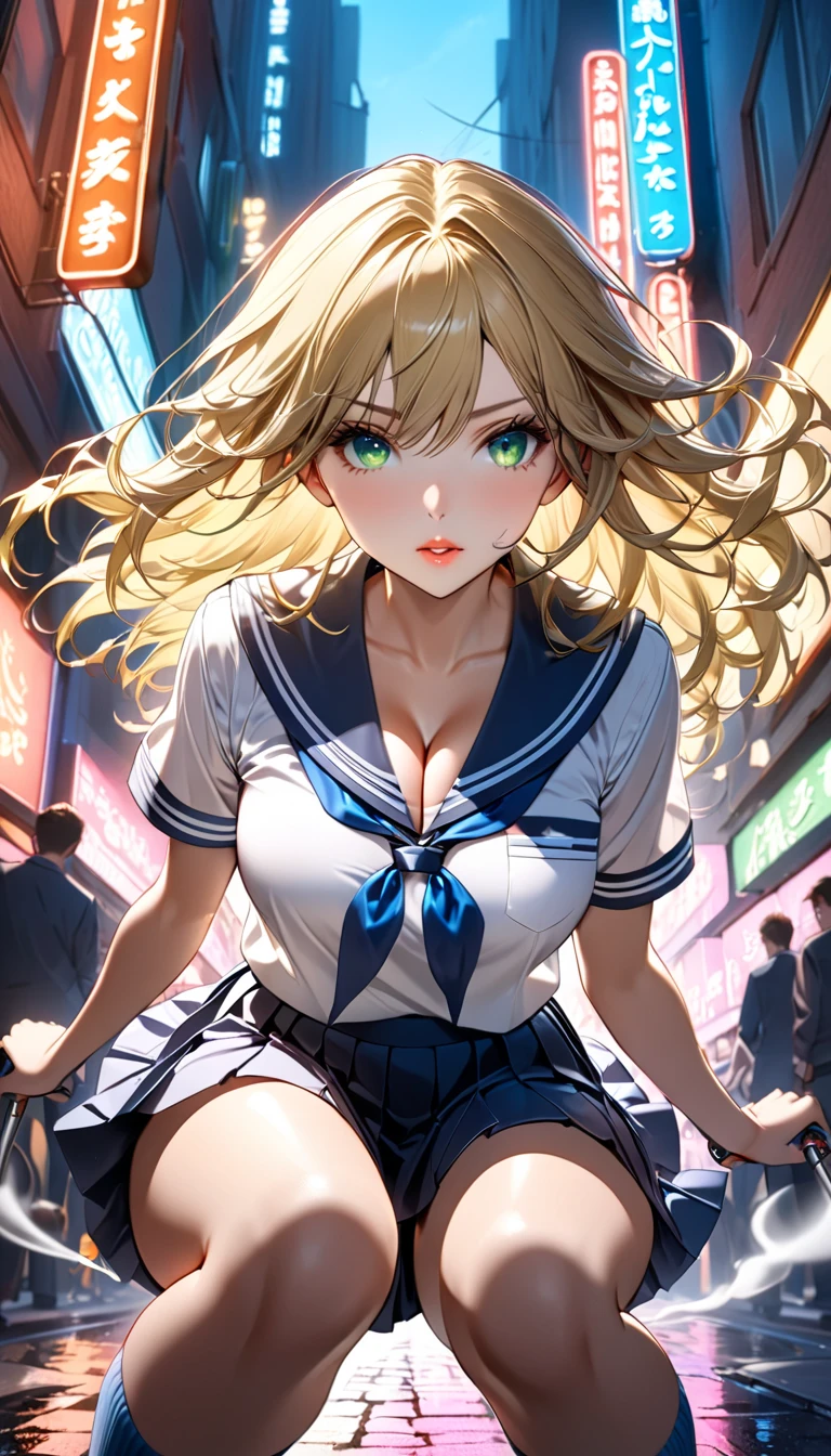 (masterpiece, Top Quality:1.2), 1 person, 1 personで, high school girl, Mid length, girl&#39;  high school sailor uniform, Golden hair and glossy green eyes，is off,Navy Pleated Skirt,  wears a pure white blouse , I have feelings for you, dynamic random shot,  Fascinating Cleavage , Elastic thighs, , ARW，I smoke,neon street